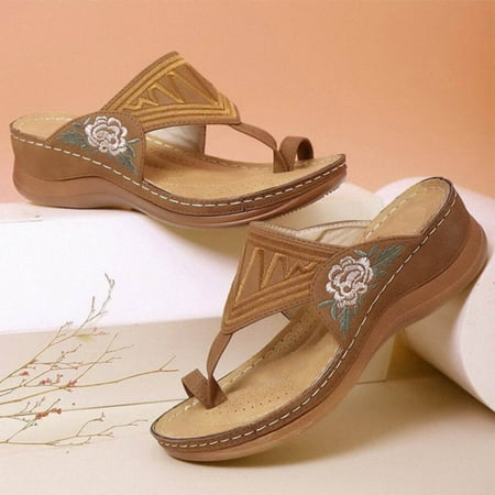 

Njoeus Summer Plus Size Round Toe Flower Mid-heel Casual Women s Wedge Slippers