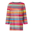 thumbnail image 4 of CLOISE Tees for Women Fall Trendy Striped Blouses Round Neck 3/4 Sleeve Tees Loose Color Block Basic Tops Y2k Outfits Hot Pink XL, 4 of 5