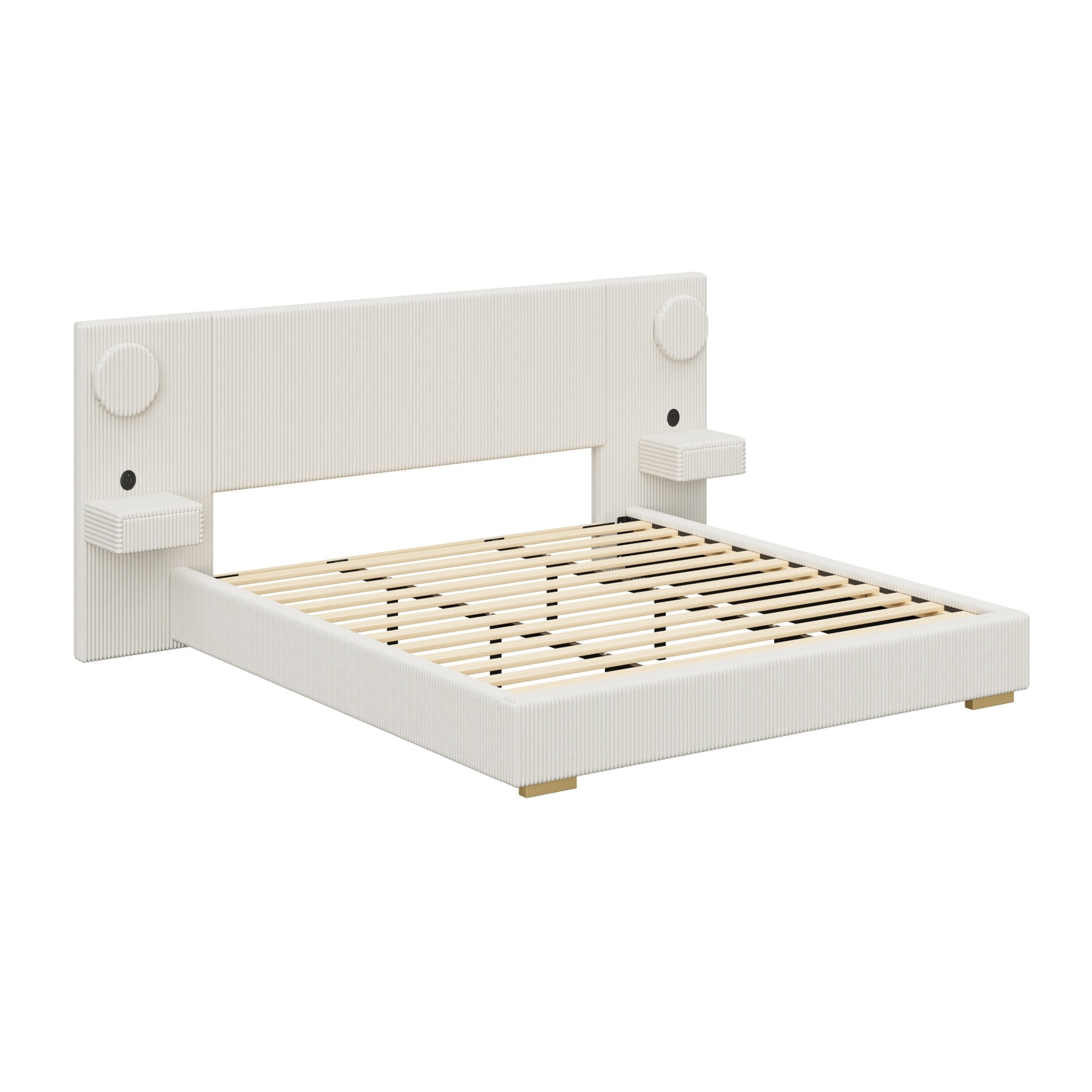 Noble House Dellas King Size Upholstered Platform Bed with LED Lights, Charging Ports & Side Storage Drawers, Beige