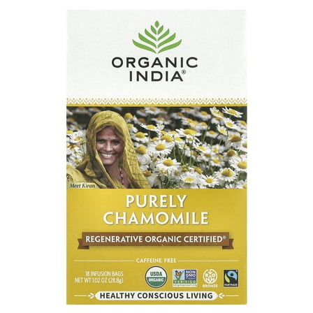 Organic India Purely Chamomile Tea, Caffeine Free, 18 Infusion Bags, 1.02 oz (28.8 g)