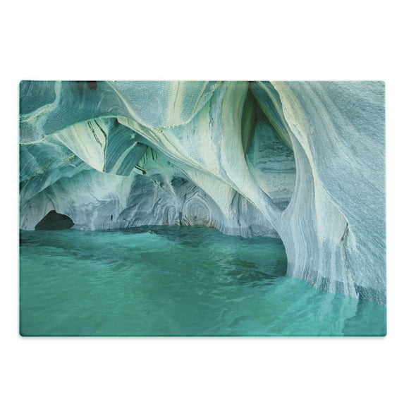 Nature Cutting Board, Natural Marble Cave at European Mediterranean Lake Geologic Eroded Art Photo, Decorative Tempered Glass Cutting and Serving Board, Large Size, Turquoise Grey, by Ambesonne