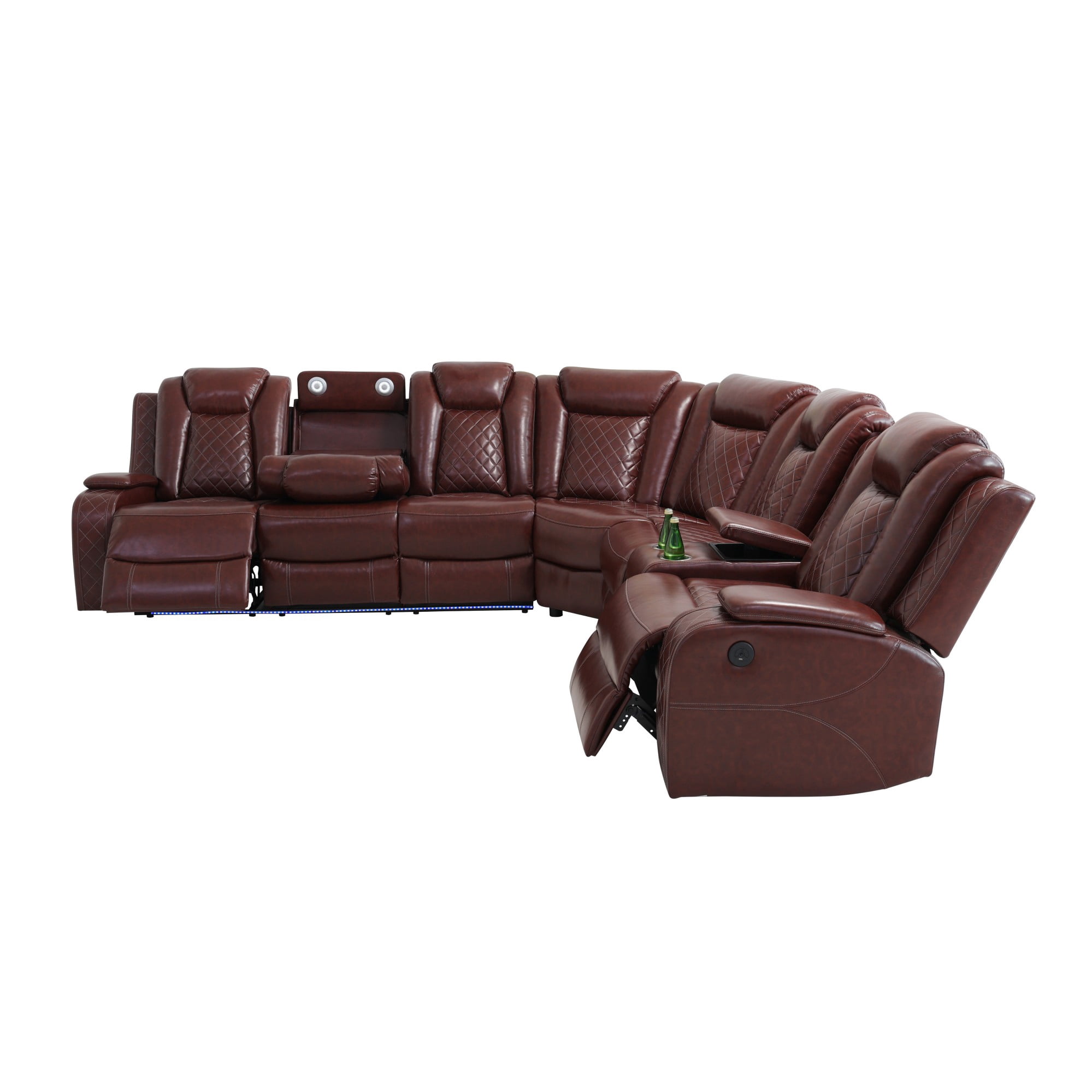 Gewnee Air Leather Power Recliner Sectional Sofa，L‑Shaped Recliner Couch with Cup Holders，Wireless Charging, LED Ambient Light, Console Storage，Home Theater Sofa for Living Room,Brown