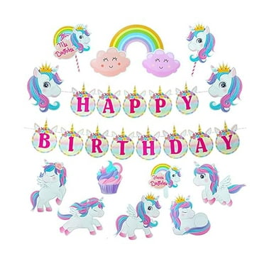 Happy Birthday Unicorn Banner Unicorn Theme Unicorn Cutouts Props & Cake Topper Birthday Decoration Items for Girls Party Supplies (Pack of 16,Multicolor)