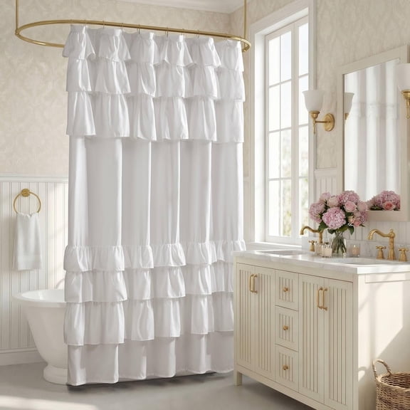 Grace White Shower Curtain,Solid Cottage Top Shower Curtains for Bathroom, 72 X 72, White