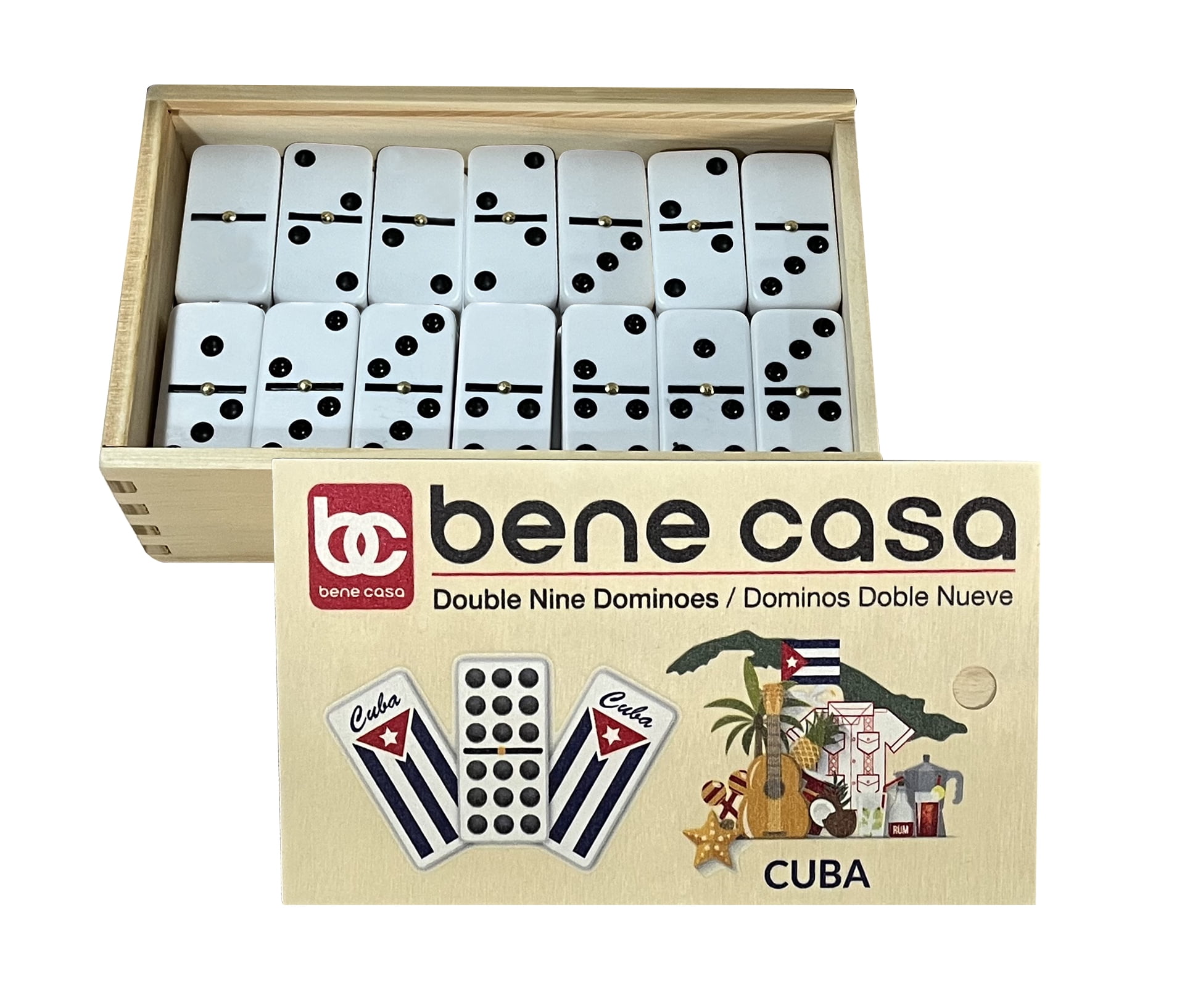 Bene Casa 55-Tile Handcrafted Cuban Double 9 Domino Set with Wooden Storage Box