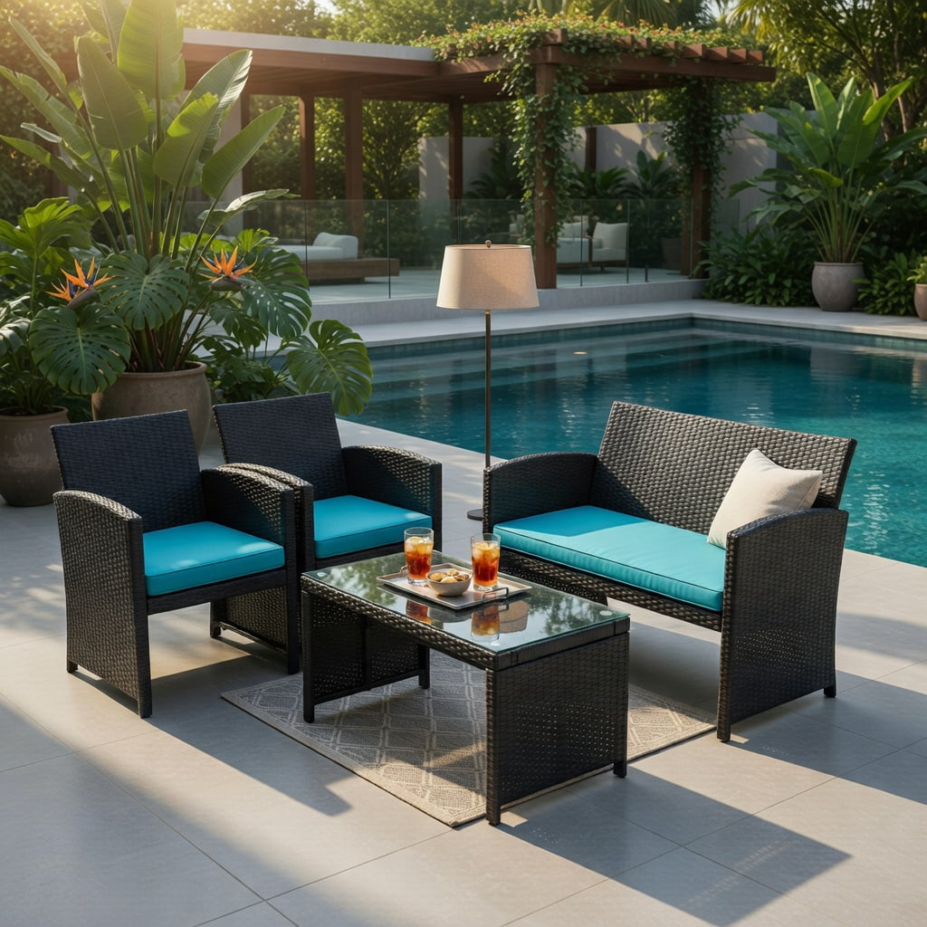 Hommoo 4-Piece Modern Black PE Rattan Patio Furniture Set with Weather-Resistant Cushions, Tempered Glass Coffee Table, Loveseat & 2 Single Sofas for Backyard, Poolside & Balcony, Turquoise