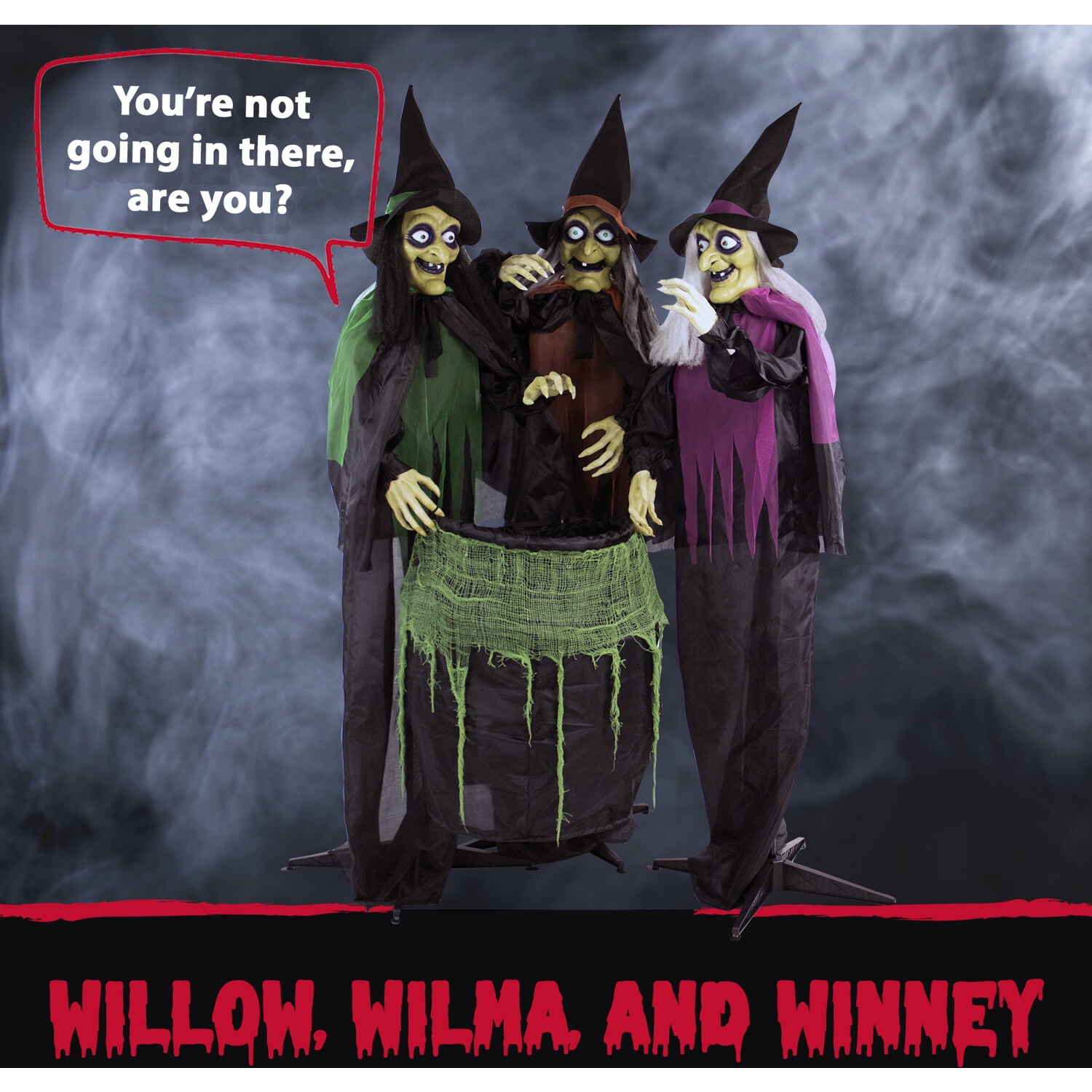 Haunted Hill Farm 5.7 ft Animatronic 3 Witches with Cauldron, Indoor/Covered Outdoor Halloween Decoration with Light-up Eyes, HHWITCH-15FLS