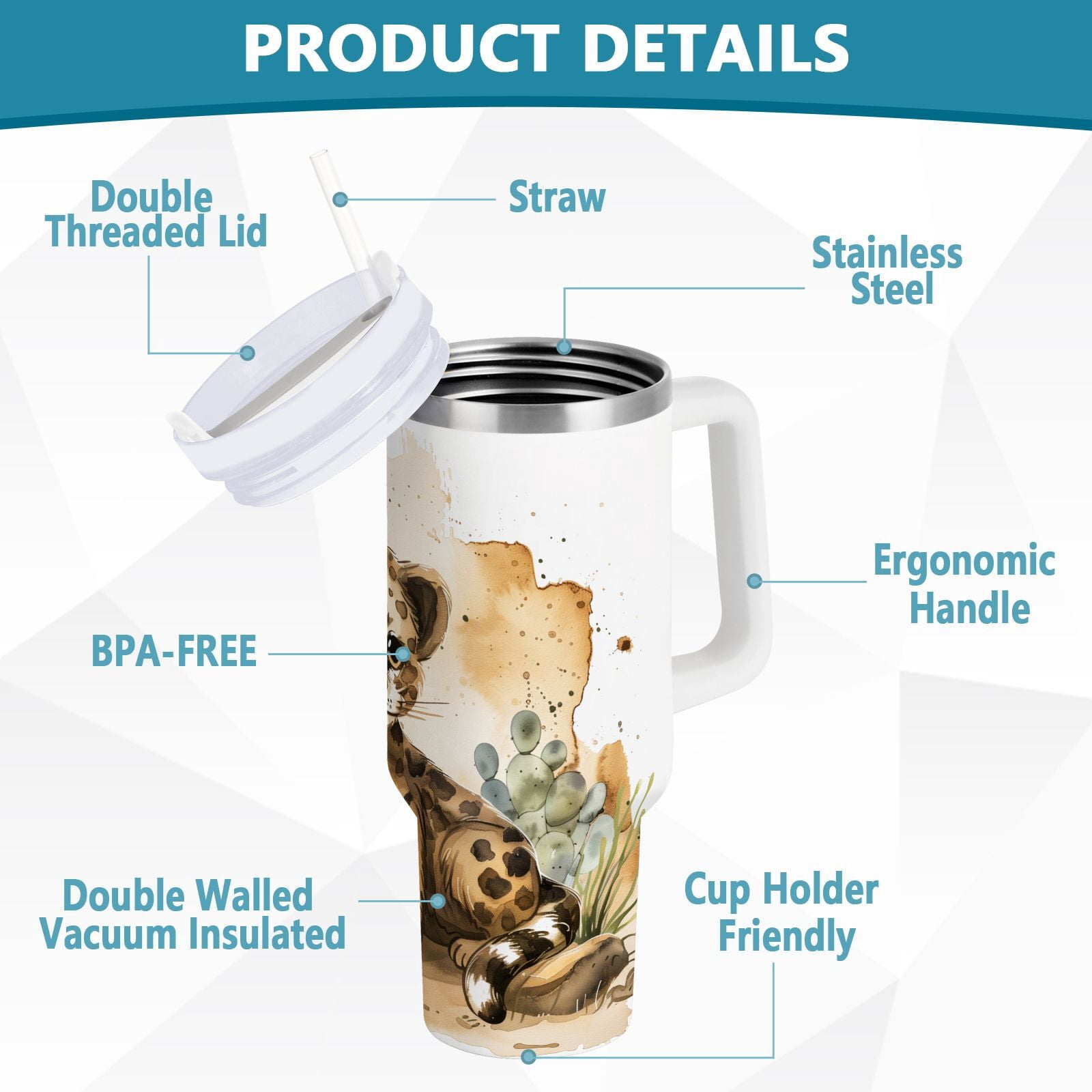 JSTEL Cute Leopard Baby 40 oz Tumbler Stainless Steel Water Bottle Vacuum Insulated Cup with Straw Lid & Handle For Travel Car Cup Holder