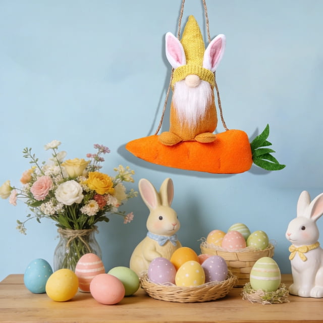 Adorno colgante de zanahoria de conejo de Pascua • Decoración de muñeca sin cara • Fibra de poliéster suave • Decoración colgante para fiestas de Pascua al aire libre • 1 pieza