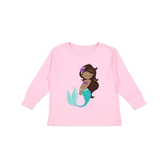 Inktastic African American Mermaid, Brown Hair, Starfish Girls Long Sleeve Toddler T-Shirt