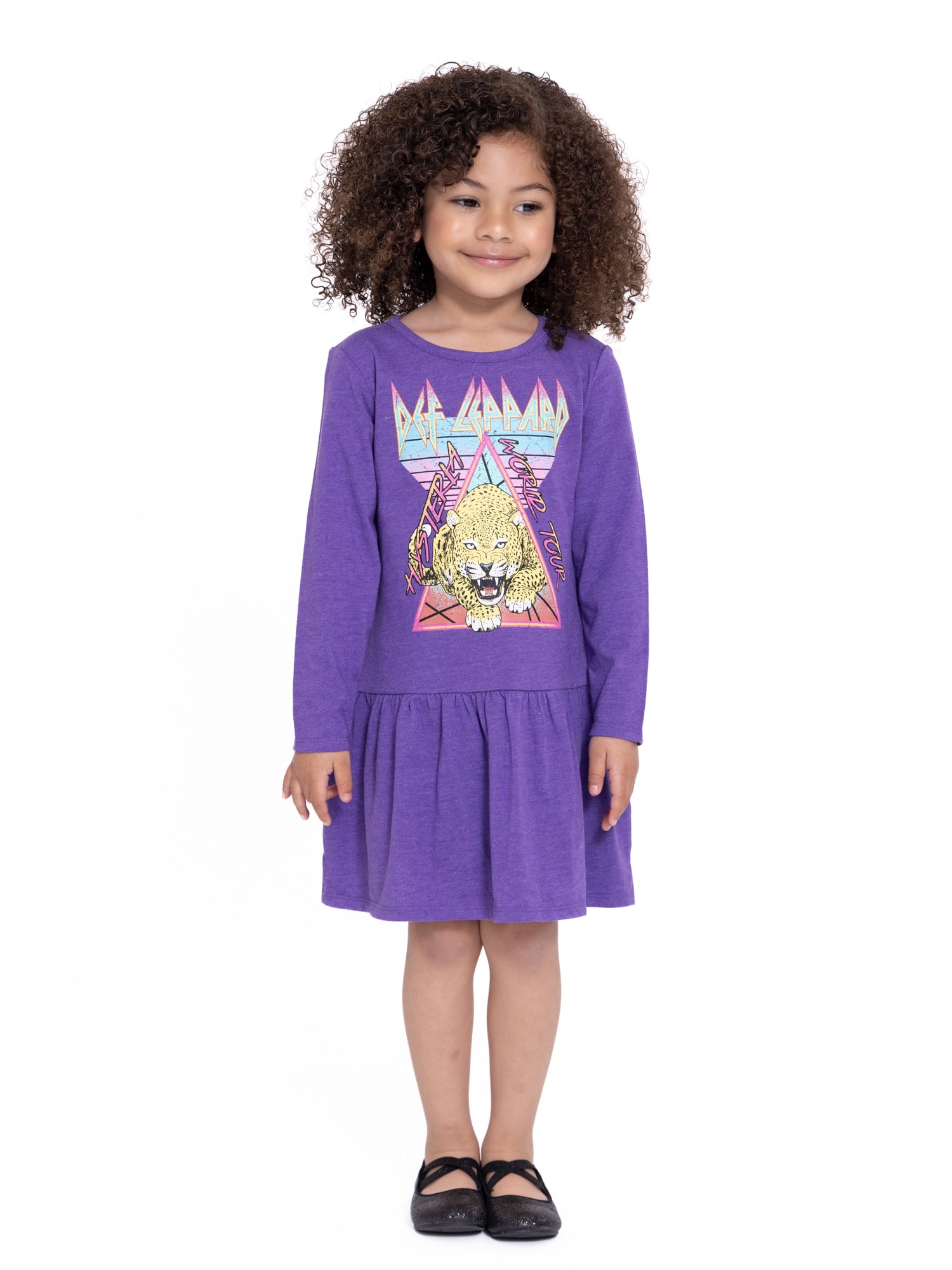Def Leppard Toddler Girls Print Drop Waist Dress with Long Sleeves, Sizes 12M-5T