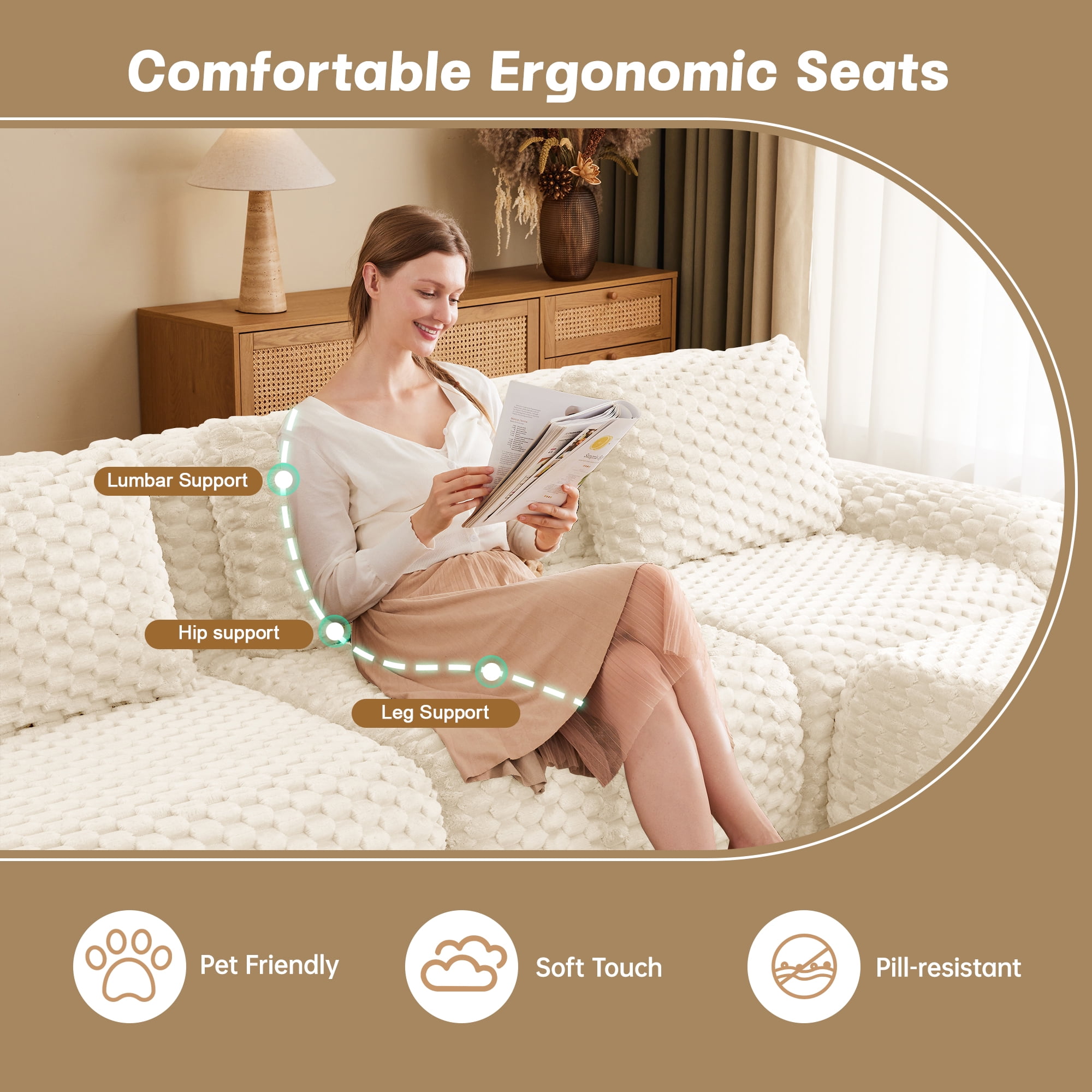 Aukfa 146" U-Shaped Modular Cloud Sectional Sofa, Oversized Deep-Seat 6-Seater Couch with 2 Ottomans, Flannelette Upholstered Boneless Sofa, White