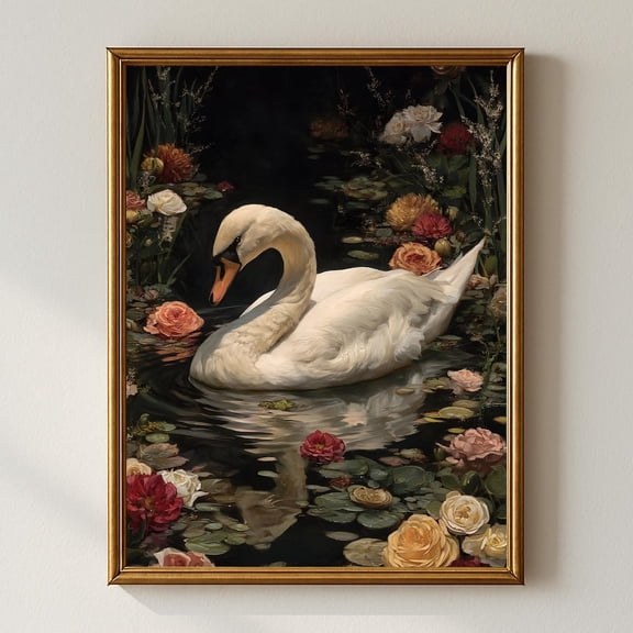 Swan And Roses, Romantic Fine Art Print, Vintage Botanical Wall Art, Elegant Nature Decor, Classical Home Decor #928, Unframed Poster Size 8x12