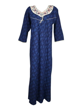 Mogul Women Cotton Maxi Dress Navy Blue White Printed Cotton Maxi Caftan Long Sleeves Sleepwear Dresses XL