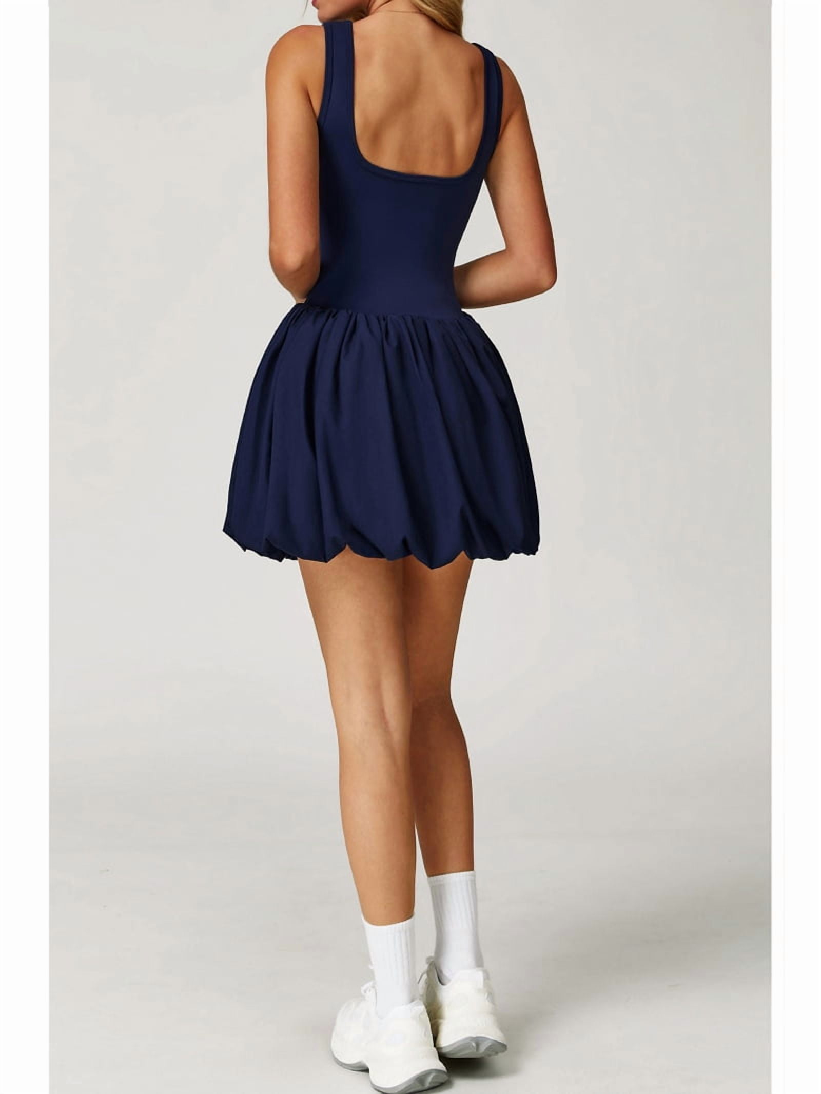 Womens Bubble Tennis Dress Squre Neck Sleeveless Workout Golf Athletic Dresses Build in Shorts with Pockets