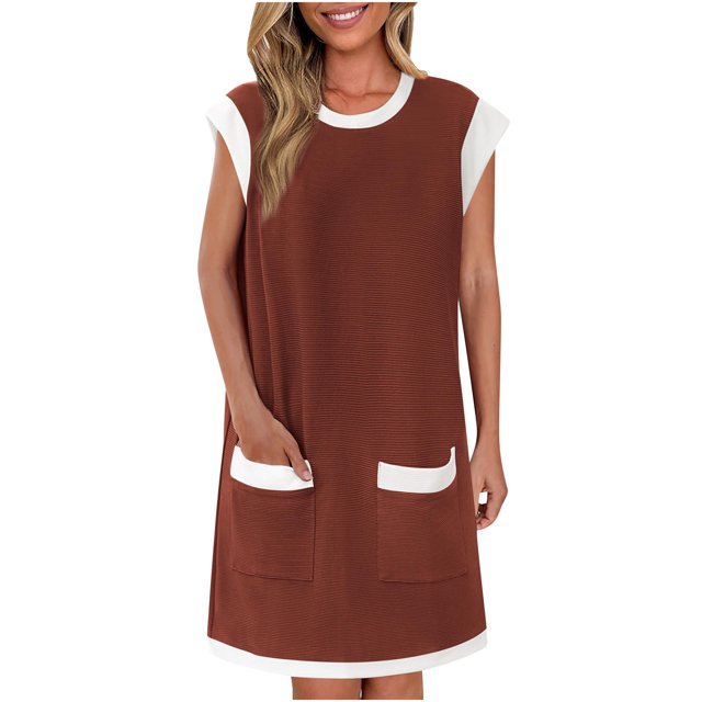 Women's Summer Casual Crewneck Short Sleeve Maxi Dress Ndbuld Women's Summer Short Dresses Sleeve Color Block Loose Ribbed Knit Trendy Mini Dress With Pockets on Clearance
