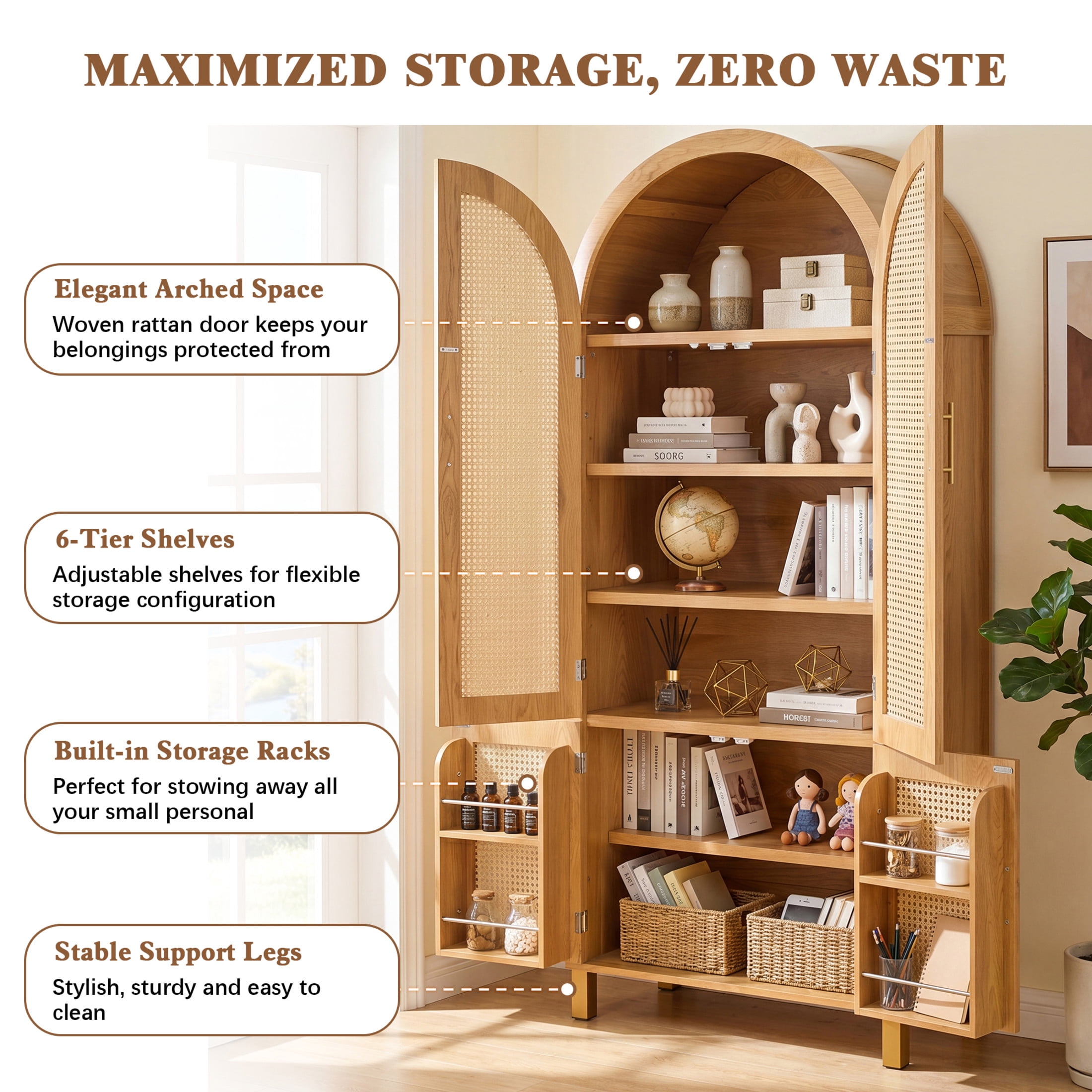 Noble House 71" Farmhouse Arched Storage Cabinet with Rattan Doors, Adjustable Shelves, Oak