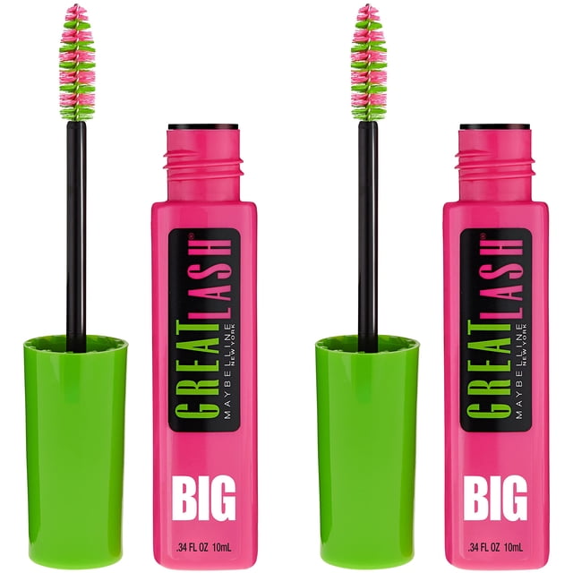 Máscara Maybelline Great Lash BIG, lavable, muy negra, paquete de 2