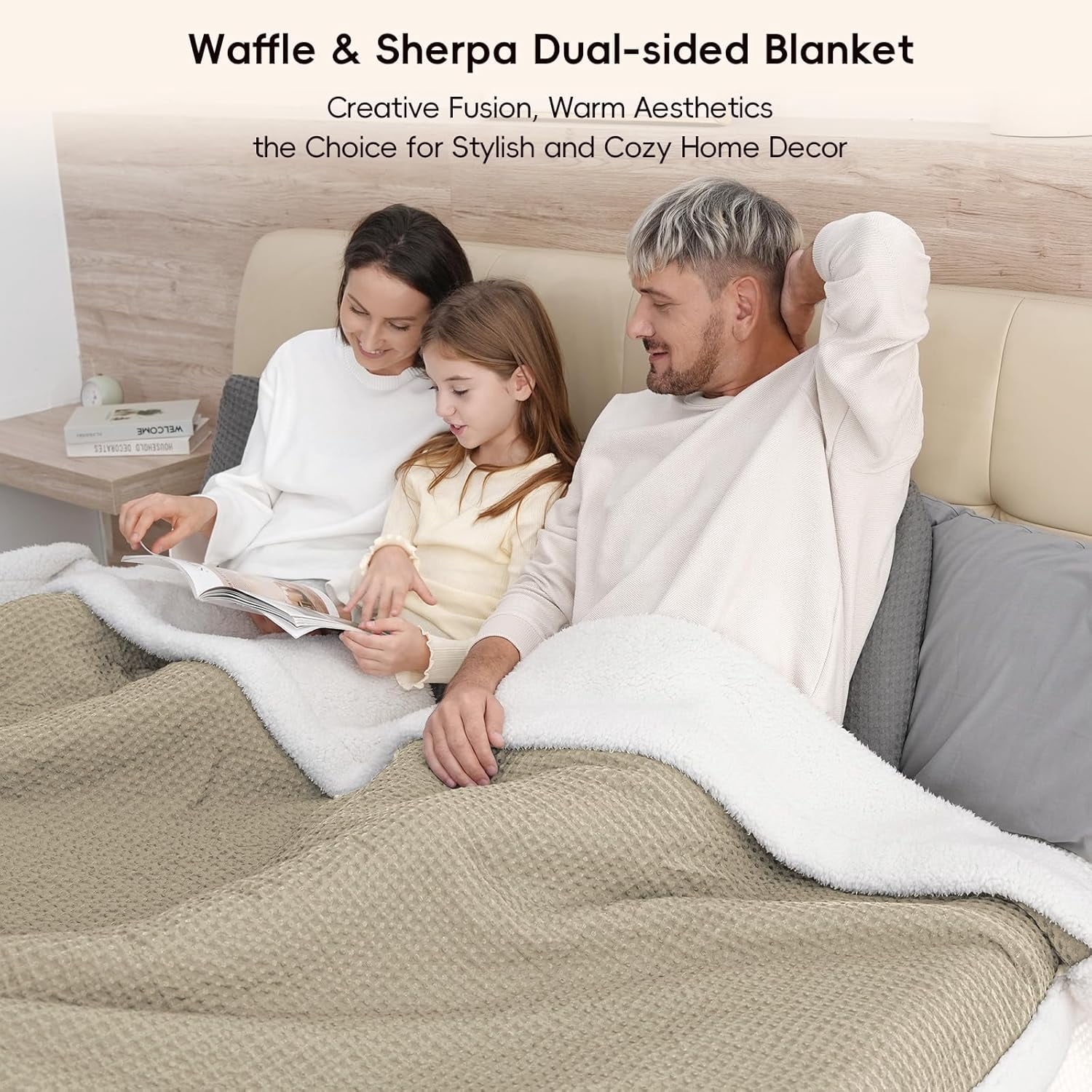 PHF Waffle Sherpa Bed Blanket Twin Size, Cozy Warm Reversible Plush Flannel Blanket for Winter, 60" x 80", Khaki