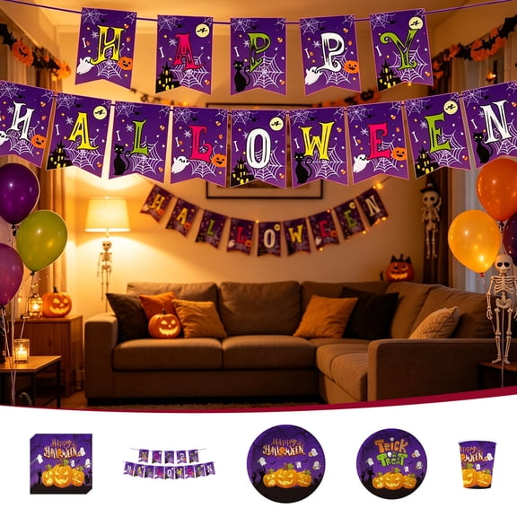 Under 5 Halloween Party Tableware Set Disposable Paper 7in 9in Plates Cups Napkins Pumpkin Ghost Designs Sturdy & Complete for Halloween Party Decorations Halloween Party Supplies by MPOISVA