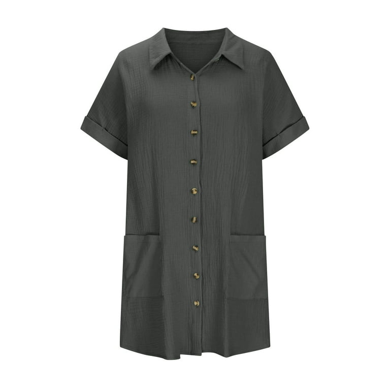 OSFVNOXV Linen Dress Women Summer Casual Button Down Shirt Dresses Tunic  Short Sleeve Midi Dress with Pockets