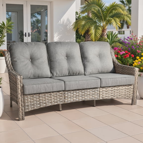 Ovios Outdoor Patio Sofa 3-Seater with Cushions All-Weather Wicker Rattan Couch for Garden, Porch, or Backyard