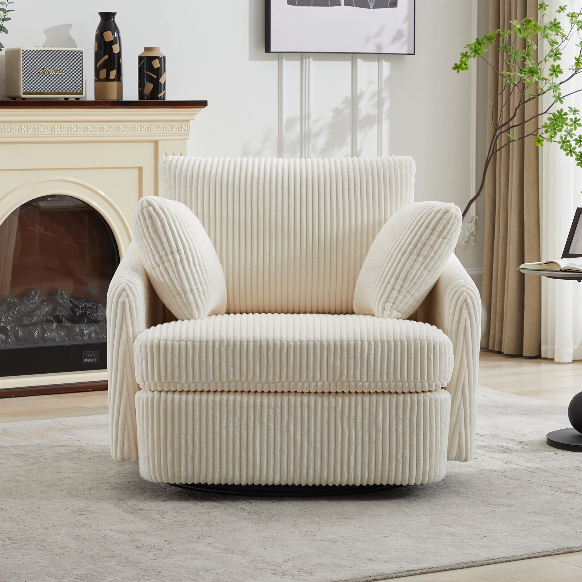 Leumius 360° Swivel Accent Chair with 2 Throw Pillows,40.55''W Corduroy Accent Chair Armchair,Comfy Upholstered Single Sofa Chair for Bedroom Living Room,Ivory
