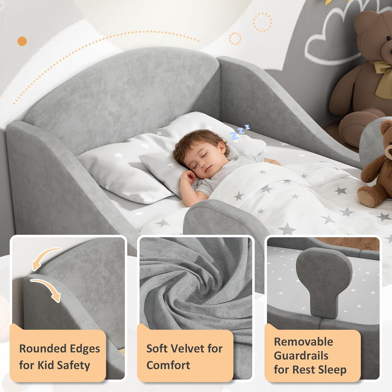 Toddler floor bed with removable safety rails, suitable for both boys and girls, standard crib size, soft-padded safety mattress, low-profile design (Grey).