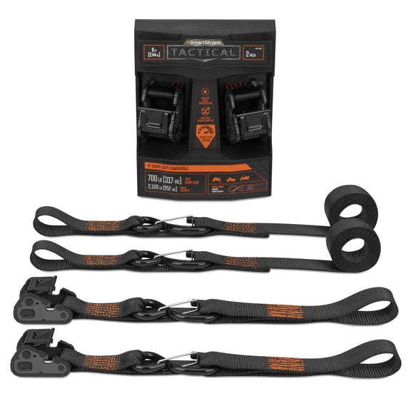 SmartStraps Tactical Heavy Duty Cambuckle Tie Down Straps, 2" x 8 ft, 700 lb Safe Work Load, 2,100 lb Break Strength, Grey, 2-Pack