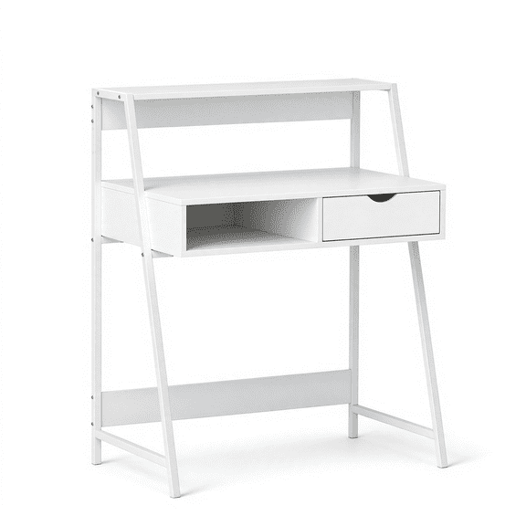Modern White Computer Desk, Steel Frame P2 Particle Board Desk with 2 Open Shelves 1 Drawer, Space-Saving Writing Desk for Home Office Study Dining Room