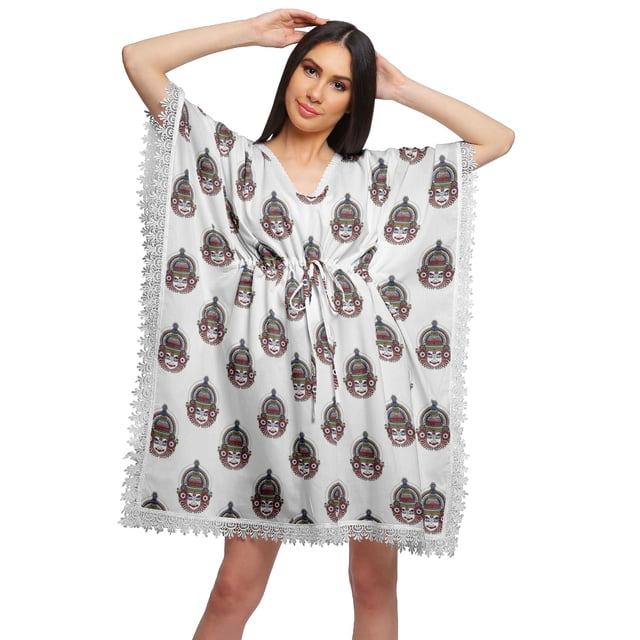 Moomaya Robe Courte de Caftan de Plage, Robe de Couverture Imprimée, Kaftan pour Femmes, Tenue de Plage, Couverture
