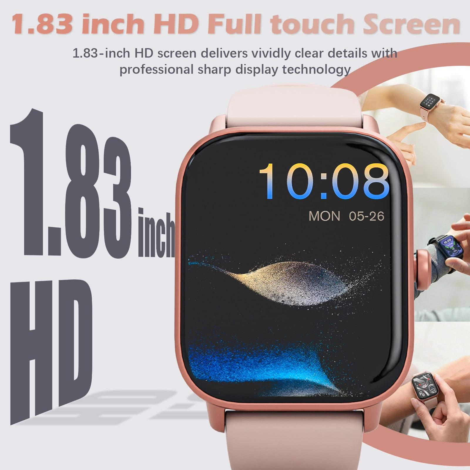 SANPTENT Smart Watch Compatible with Android and iPhone, 1.83" HD Touchscreen, Answer/Make Calls/100+ Sports Modes/Message Reminder, IP68 Waterproof, Pink