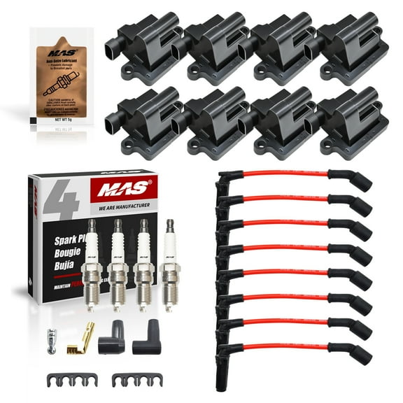 Performance Master Set of 8 UF271 Square Ignition Coil & Spark Plug & Red Wire Set & Free MAS 5g Anti-Seize Lubrica Compatible with Chevy GMC Hummer Savana 1500 2500 3500 Sierra H2 4.8L 5.3L 6.0L