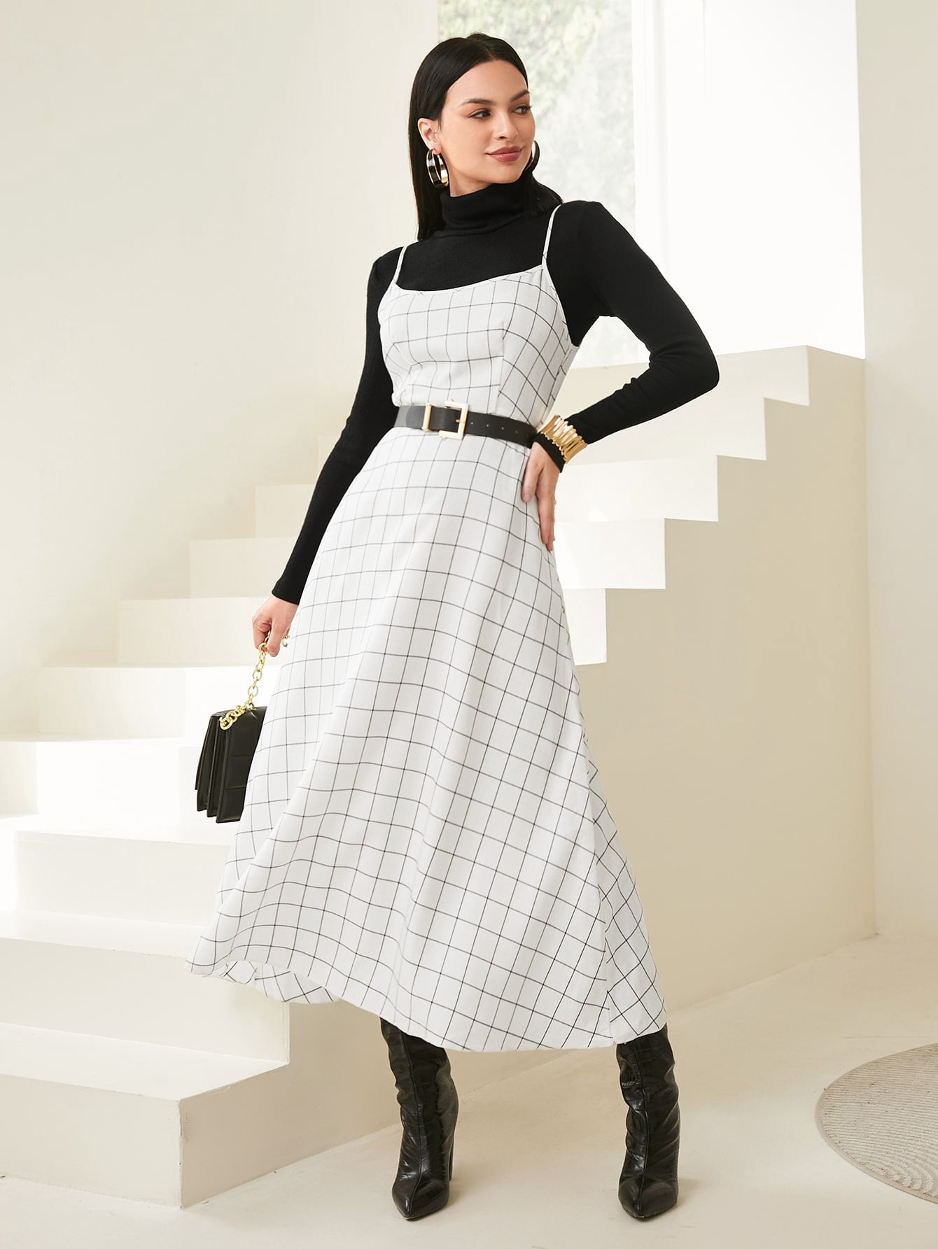High Neck Top Plaid Cami Dress Set 2022 