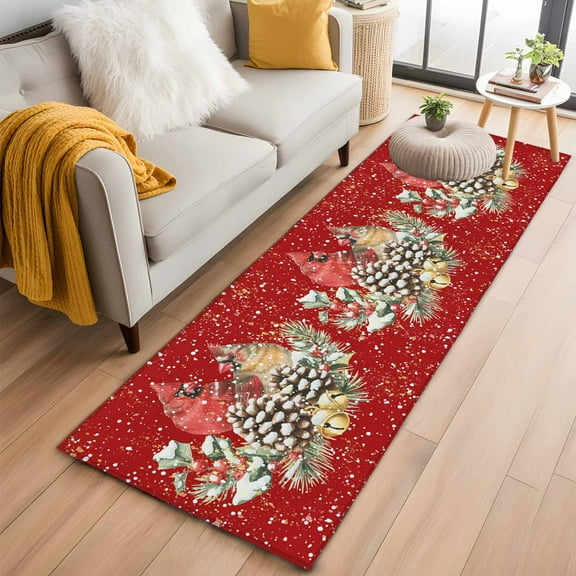 Christmas Kitchen Runner Rug 2x6 Washable Runners for Hallway Non Slip Red Cardinal Pine Cone Branches Snowflake Large Area Rug Indoor Floor Carpet for Bathroom Laundry Entryway Bedroom Living Room