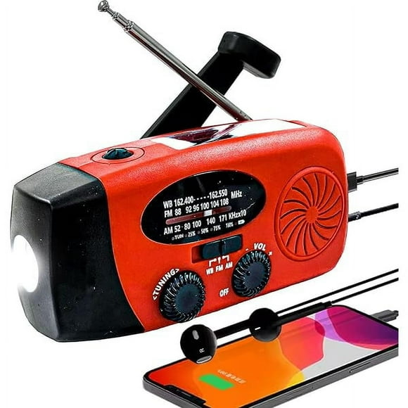 Portable 2000mAh Hand Crank Emergency Solar Panel SOS Weather Radio, Self-Powered 7 NOAA Channels WB/AM/FM Radios with Reading Lamp, 3-Mode Flashlight Home Survival Supplies(Red)