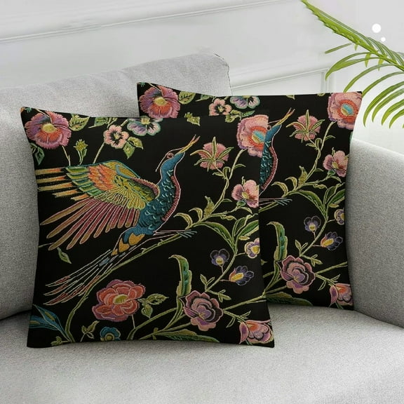 Acheng Decorative Throw Pillow Covers Square Cushion Case Blue Asia Floral Cranes Pink Flowers Trendy Bird White Kimono Design Vintage Oriental Flower Batik Pillow Cover for Sofa