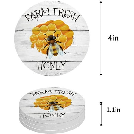 

KXMDXA Farm Fresh Honey and Bees Wooden Grain Set of 4 Round Coaster for Drinks Absorbent Ceramic Stone Coasters Cup Mat with Cork Base for Home Kitchen Room Coffee Table Bar Decor