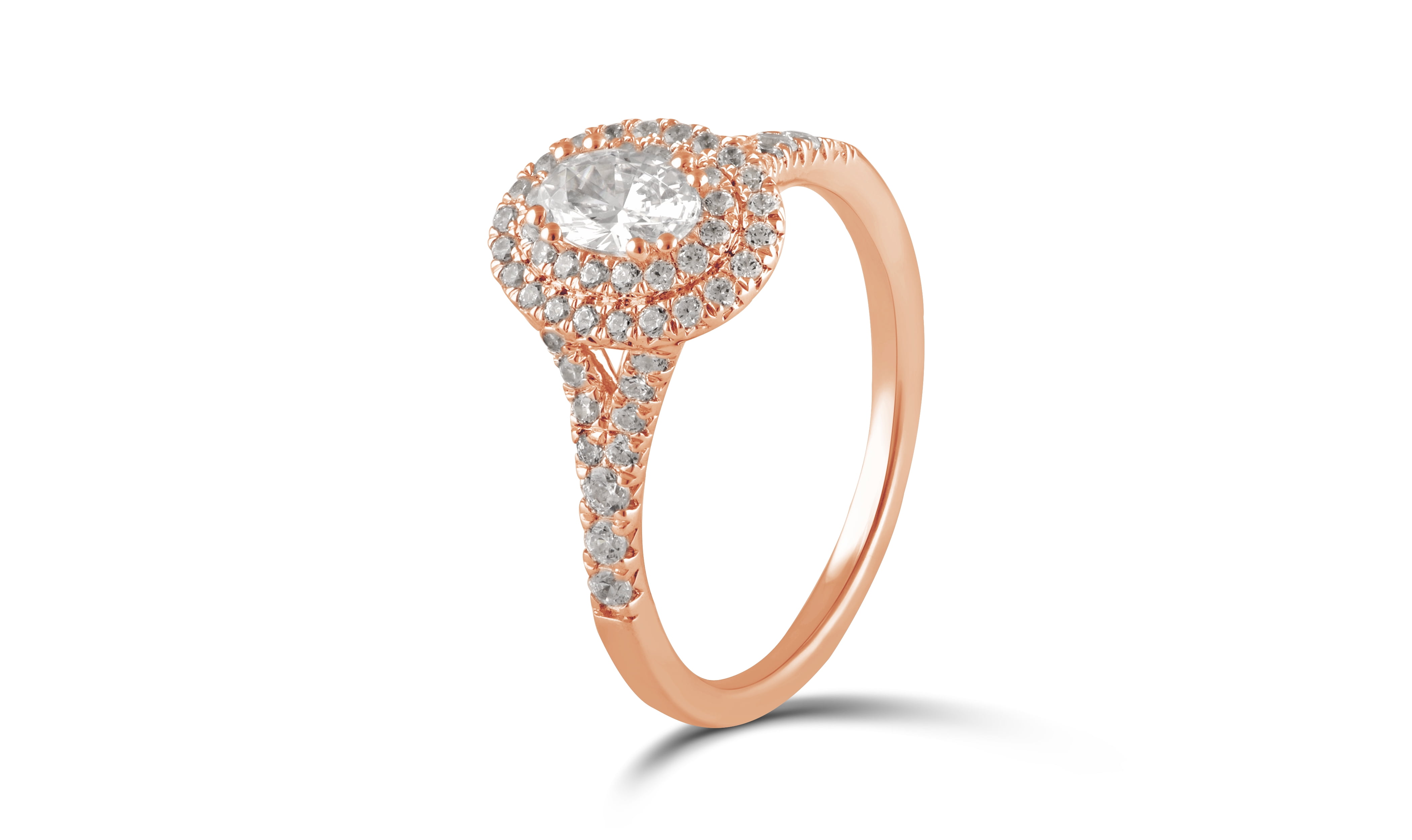 Arista 1 ct Oval Swarovski Diamonds Double Halo Engagement Ring in Pink Plated Sterling Silver