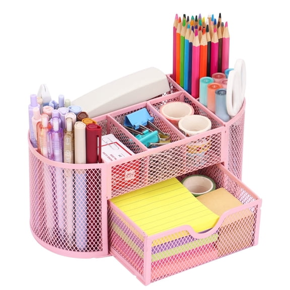 Organizador de computadora rosa, soporte para bolígrafos y accesorios, organizador de malla con 8 compartimentos y 1 cajón para oficina, hogar y escuela