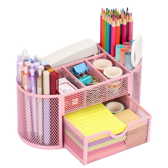 Organizador de computadora rosa, soporte para bolígrafos y accesorios, organizador de malla con 8 compartimentos y 1 cajón para oficina, hogar y escuela