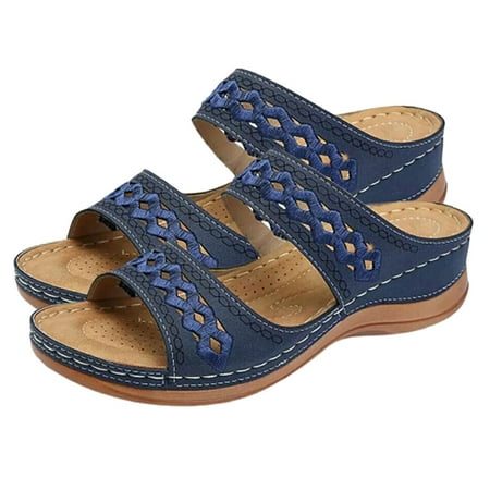 

Women Chic Sandals Pure-color Flower Printed Slippers Open Toe Breathable For Summer Beach Blue 35
