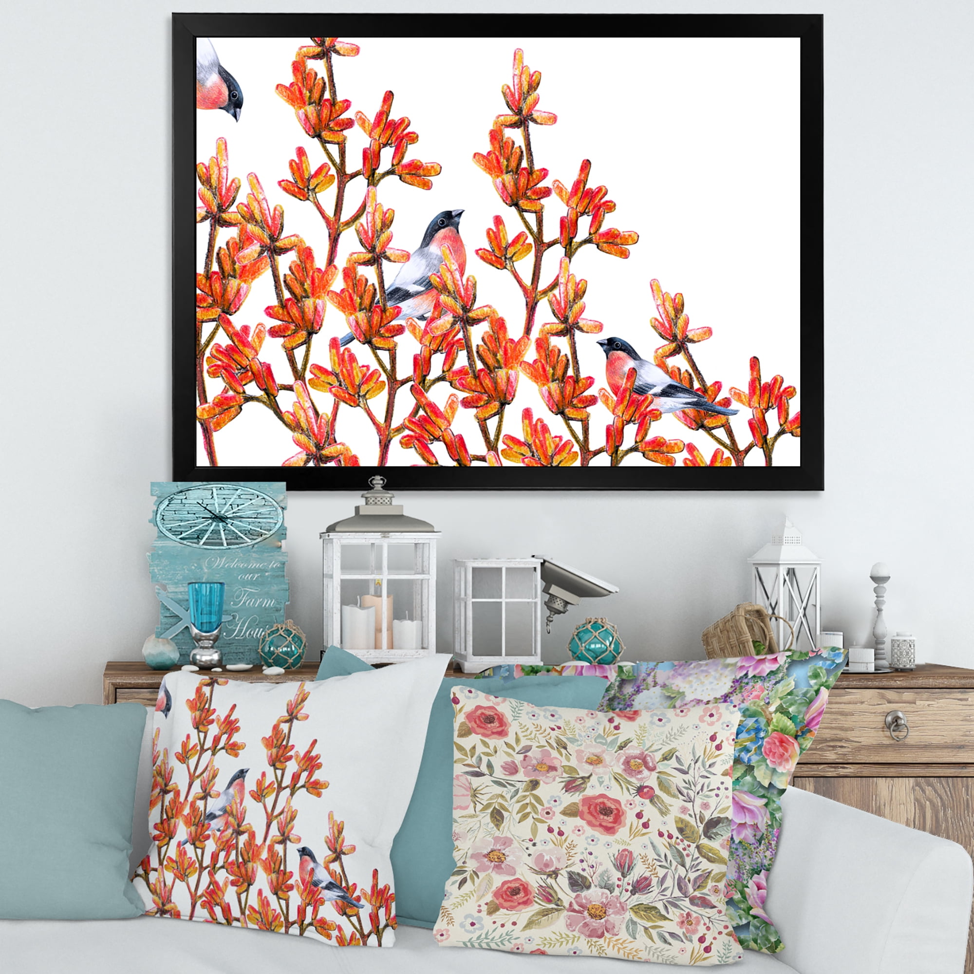 Designart 'Flock of Bullfinches Birds Sitting on Orange Branches' Traditional Framed Art Print