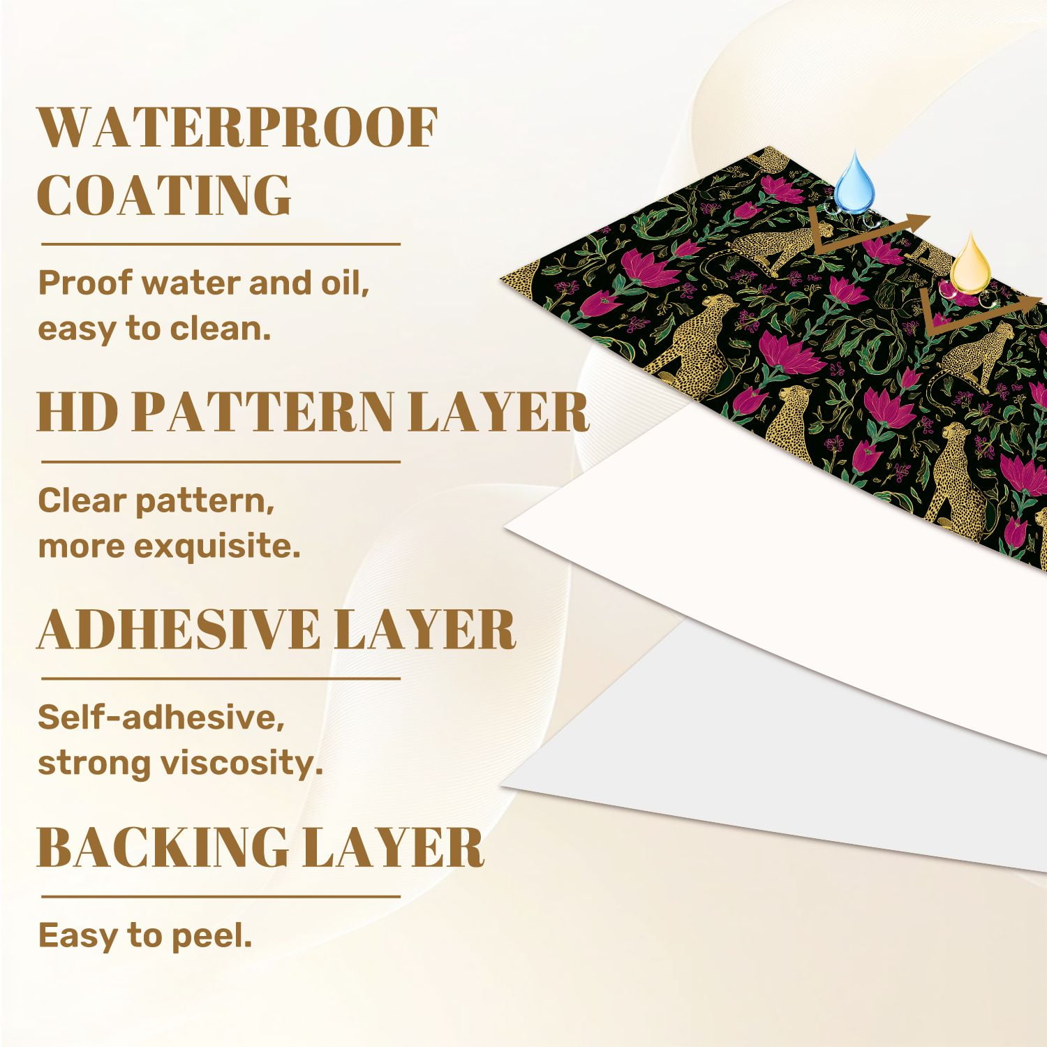 Cheetah Peel and Stick Wallpaper 17.7in x 9.8ft Golden Cheetah Lotus Floral Black Contact Paper Vinyl Waterproof Self Adhesive Wall Paper for Bedroom Shelf Cabinet Renter Friendly