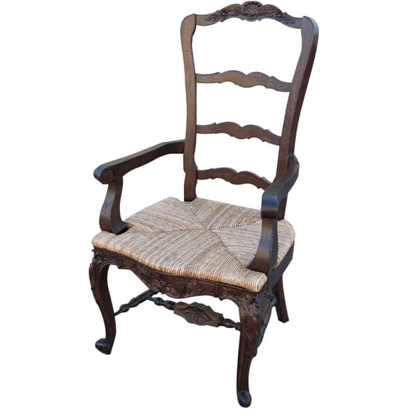 French Country Dining Arm Chair | Rattan Seat and Floral Carvings