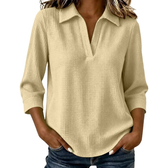 Staron Womens Blouse Lightweight Soft Collared 3/4 Sleeve Solid Casual Basic Tops Summer Loose V Neck Shirts Pullover, Beige L