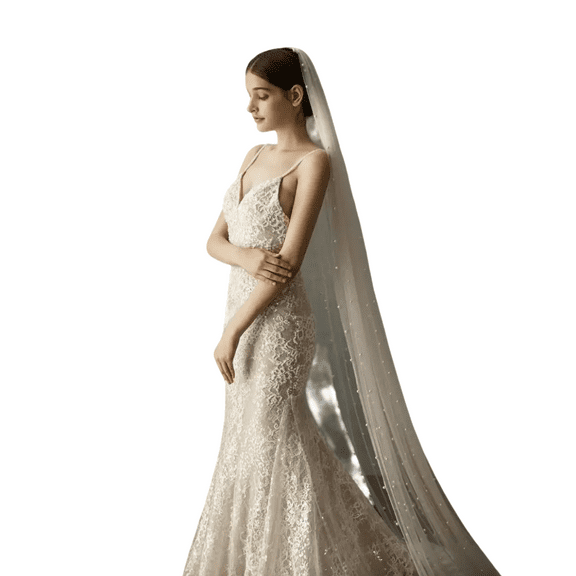 Pearl Embellished Cathedral Length Bridal Veil Bride Wedding Veil (230cm/90in Long Train) - Soft Tulle Wedding Veil with Comb for Bride hand stitching- White