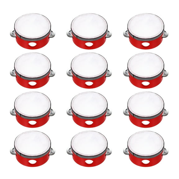 Uxcell 12 Pcs Tambourine Drum 4 Inch Wood Hand Held Tambourine Single Row Metal Jingle Percussion Musical Drum Instrument for Adults Church Wedding Party Games, Red