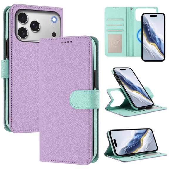 2 In 1 Wallet Case for iPhone 17 Pro Max, Lychee Texture PU Leather Wallet Case with ID Credit Card Holder Slots Folio Flip Kickstand Detachable Magnetic Phone Cover & Wrist Strap, Purple