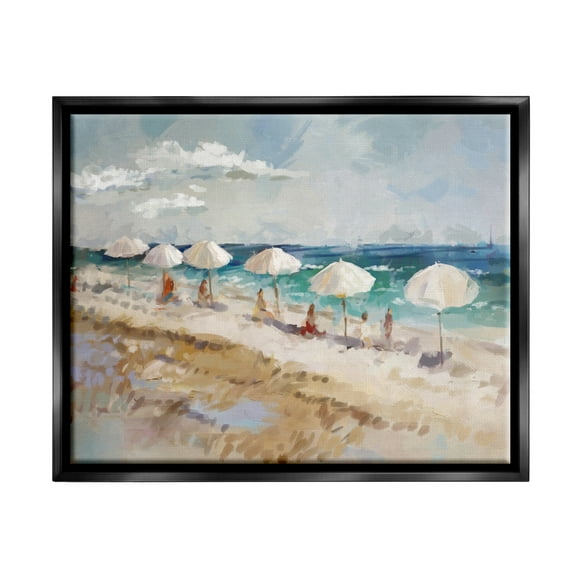 Stupell Industries Abstract People Beach Umbrellas Landscape Painting Black Floater Framed Canvas Art Print Wall Art, 21 x 17